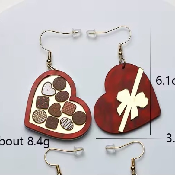 Valentines Day Box of Chocolate Womens Earrings Acrylic Jewelry Women’s Gift Her - Picture 4 of 5